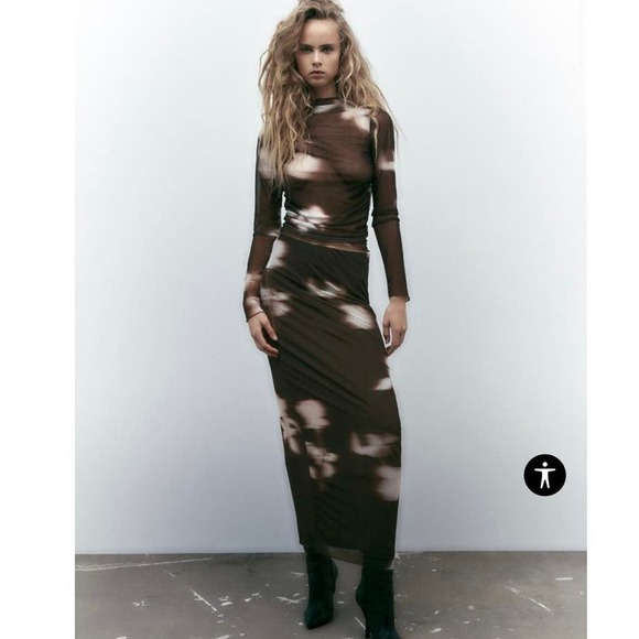Zara Dresses & Skirts - NWT ZARA Printed Tulle 2 Piece Set Midi Skirt Sheer LS Top Abstract Brown Small